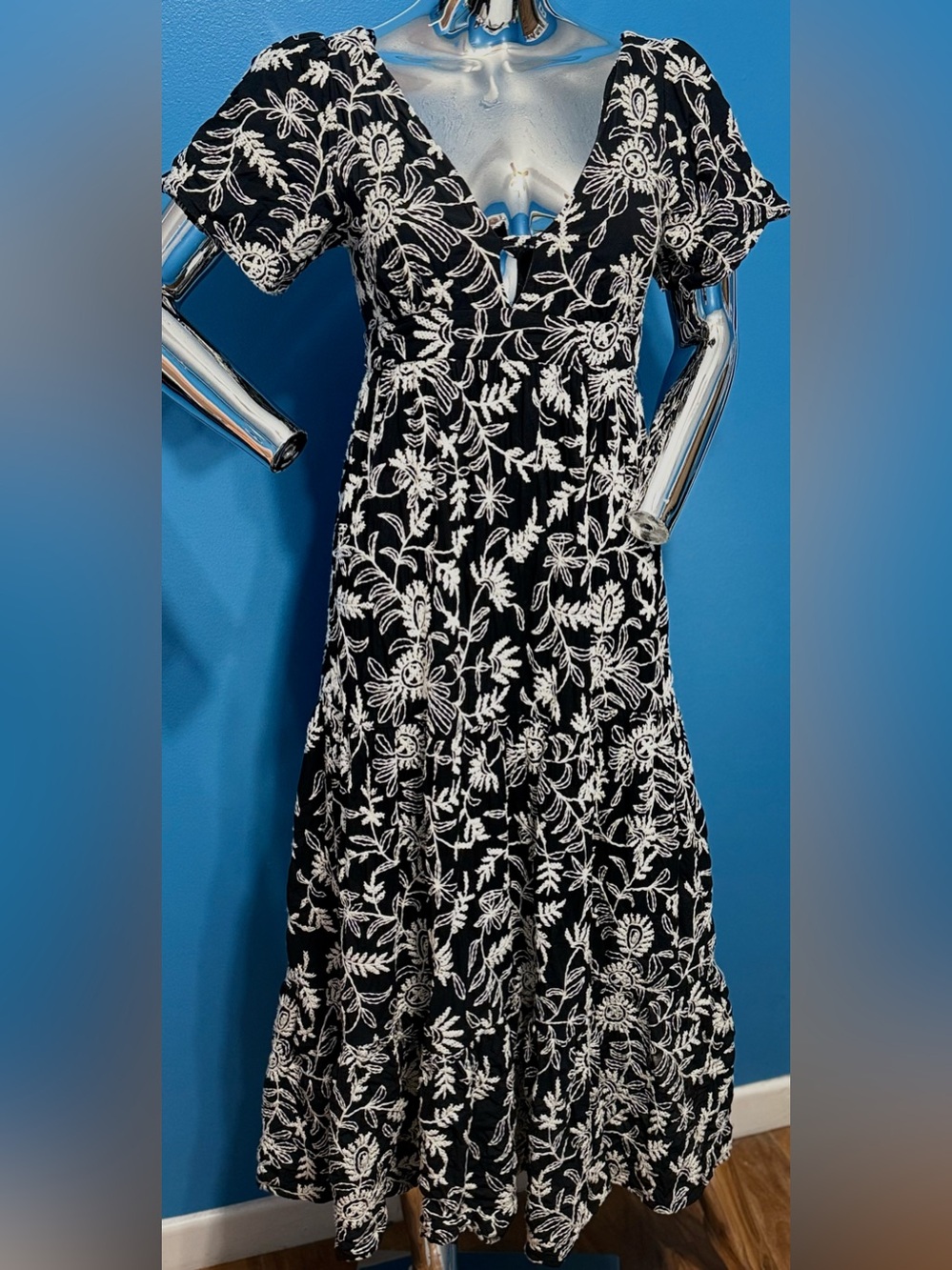 Zara Black Maxi Dress with White Floral Embroidery